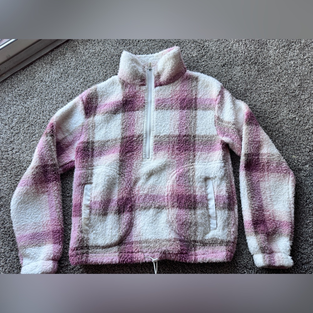 No Boundaries Pink & White Plaid Sherpa Half-Zip Jacket